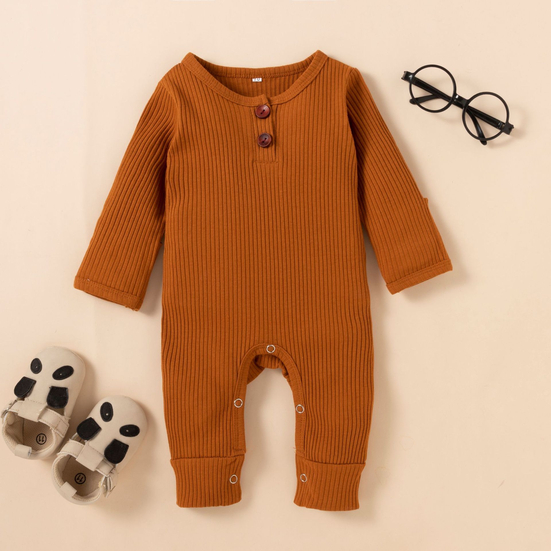 

Lovely Boy Rib-Knit Button Design One-piece Jumpsuit, Brown