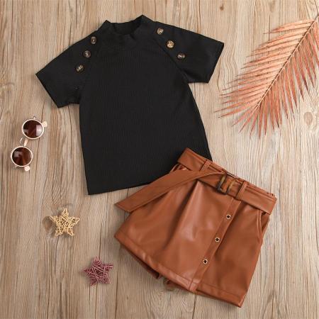 

LW Girl Button Design Two Piece Shorts Set, Brown