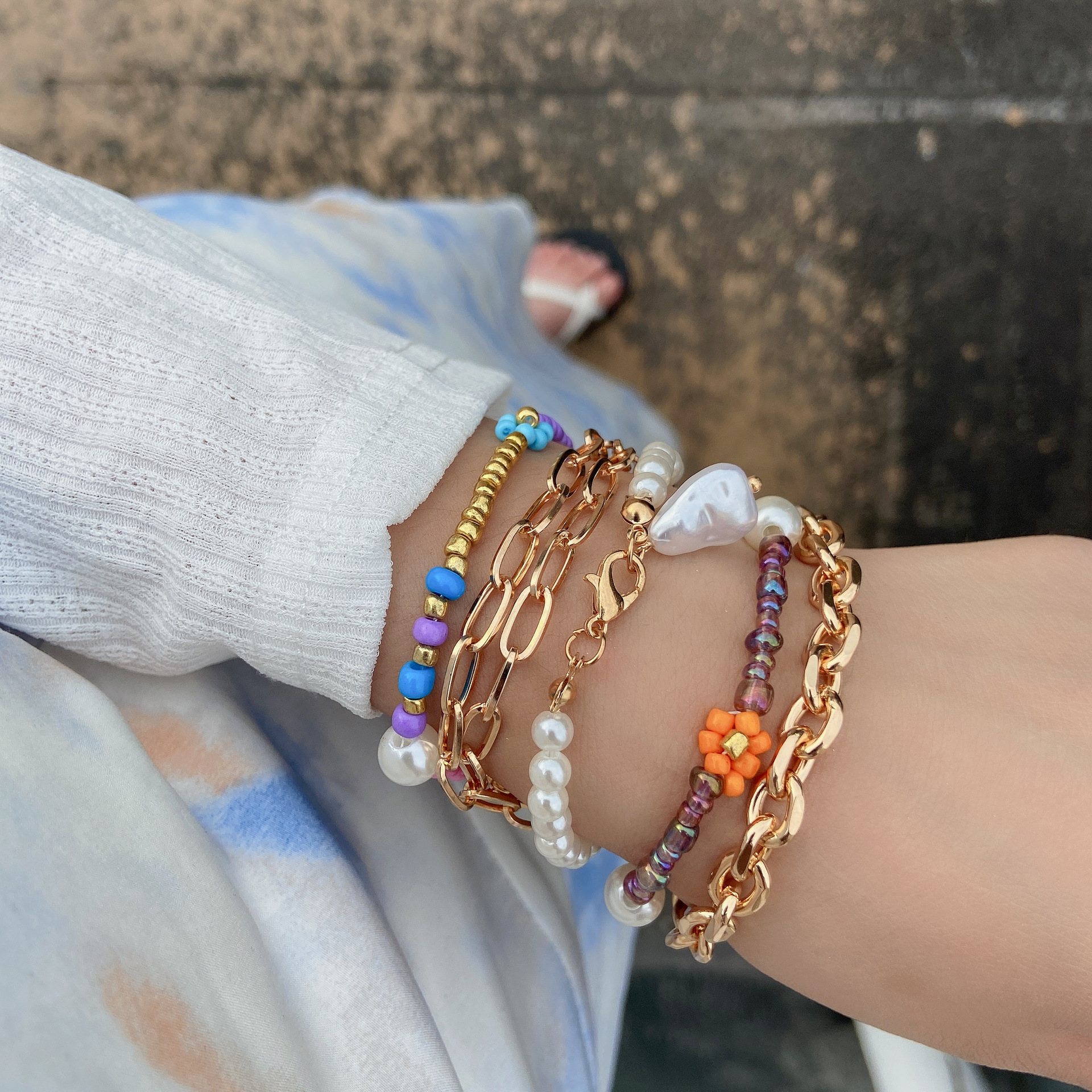 

LW Bead Pearl Decoration Multilayer Bracelet, Gold