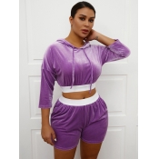 LW Velvet Hooded Collar Patchwork Two Piece Shorts
