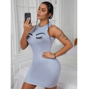 LW Casual Round Neck Eye Print Grey Knee Length Dr