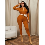 LW Stylish Turndown Collar Buttons Design Brown On