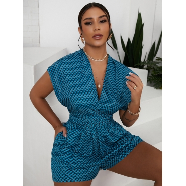 

Lovely Casual V Neck Plaid Print Blue One-piece Romper