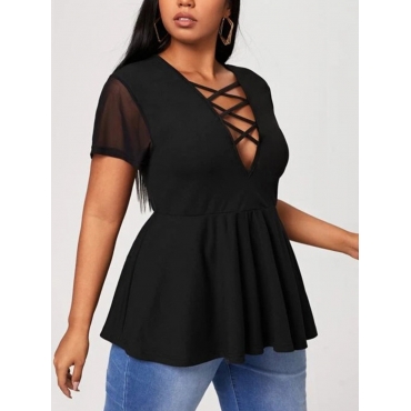 

Lovely Plus Size Bandage Hollow-out Design Blouses, Black