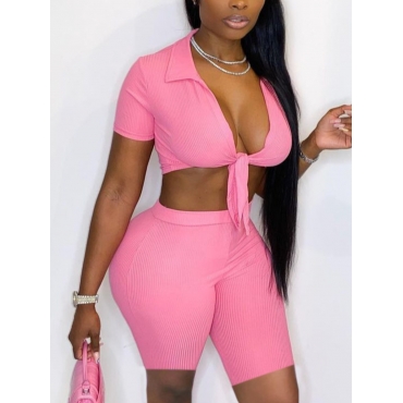 

LW Rib-Knit Bandage Design Two Piece Shorts Set, Pink