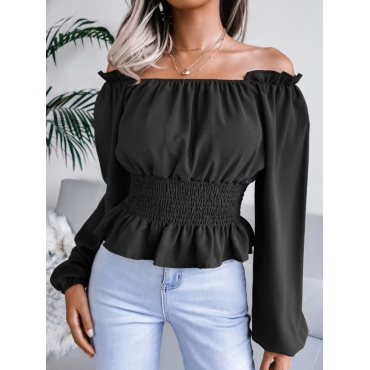 

Lovely Off The Shoulder Shirred Flounce Design Blouse, Black