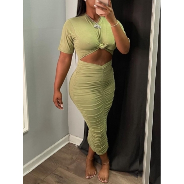 

Lovely Round Neck Ruched Hollow-out Dress, Green