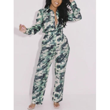 

LW Button Design Tie-dye Two Piece Pants Set, Green