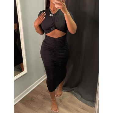 

Lovely Round Neck Ruched Hollow-out Dress, Black