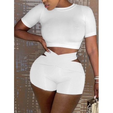 

LW Hollow-out Crop Top Two Piece Shorts Set, White