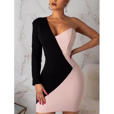 

Lovely One Shoulder Patchwork Bodycon Dress, Pink