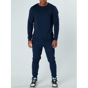 

LW Men Round Neck Drawstring Two Piece Pants Set, Navy blue