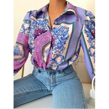 

Lovely Geometric Print Patchwork Blouse, Blue