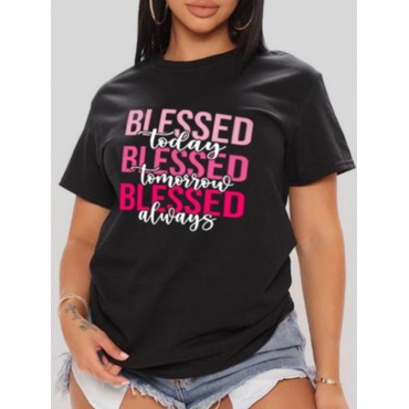 

LW Round Neck Letter Print T-shirt, Black