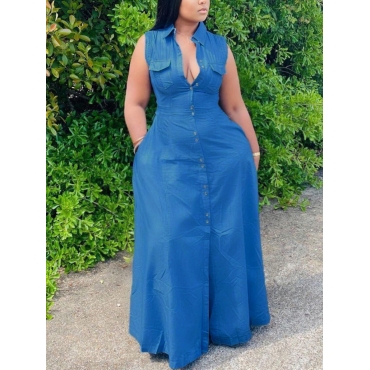 

LW BASICS Plus Size Casual Button Pocket Design Baby Blue Floor Length Shirt Dress