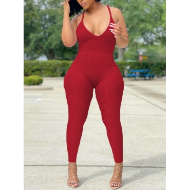 

LW SXY Backless Cross Strap Cami One-piece Jumpsuit, Wine red
