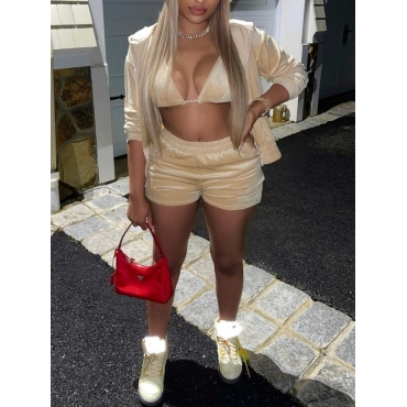

LW SXY Velvet Hooded Collar Zipper Design Two Piece Shorts Set, Cream-colored