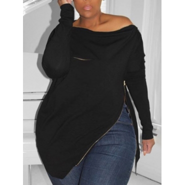 

LW Plus Size Boat Neck Zipper Design Sweatshirt, Black