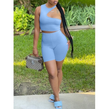 

Lovely One Shoulder High-waisted Two Piece Shorts Set, Blue