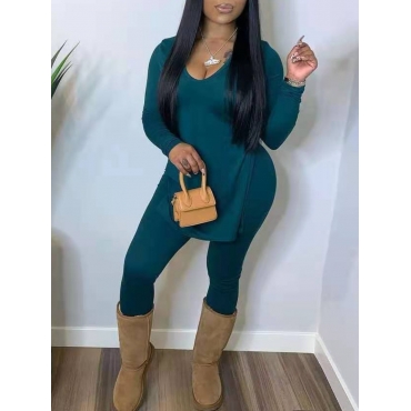 

LW U Neck Slit Two Piece Pants Set, Peacock blue