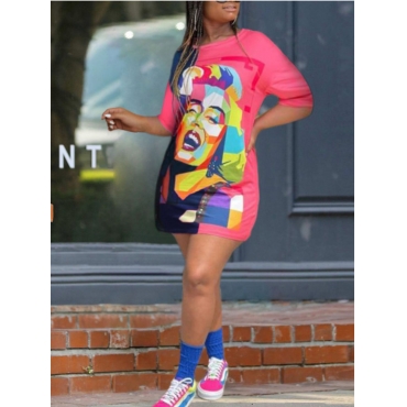 

LW BASICS Plus Size Figure Print Patchwork Dress, Pink