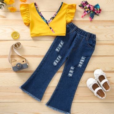 

Lovely Girl Flounce Design Ripped Flared Two Piece Pants Set, Yellow