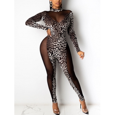 

Lovely Leopard Print See-through One-piece Jumpsuit, Black