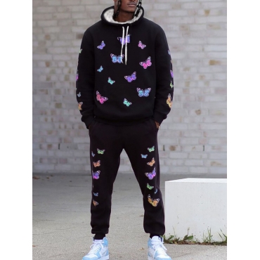 

Lovely Men Butterfly Print Oversized Two Piece Pants Set, Black