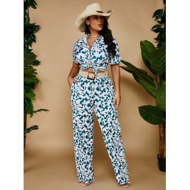 

Lovely Animal Print Wide Leg Two Piece Pants Set, Blue