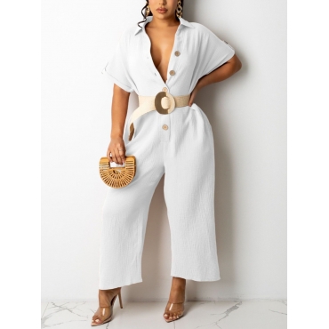 

Lovely Turndown Collar Button Design One-piece Jumpsuit (Without Belt), White