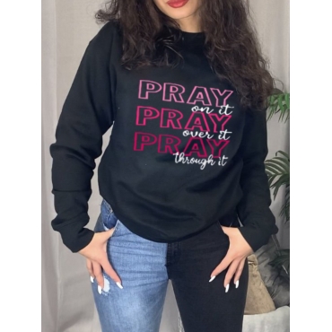 

LW Round Neck Letter Print Oversized Hoodie, Black