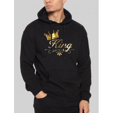 

LW Men Crown Letter Print Oversized Hoodie, Black