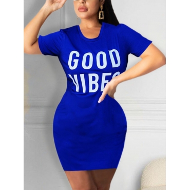 

LW BASICS Round Neck Letter Print Bodycon Dress, Deep blue