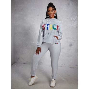 

LW Letter Print Kangaroo Pocket Tracksuit Set, Grey