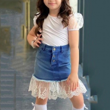 

LW COTTON Girl Material Series See-through Ruffle Design Skirt Set, White