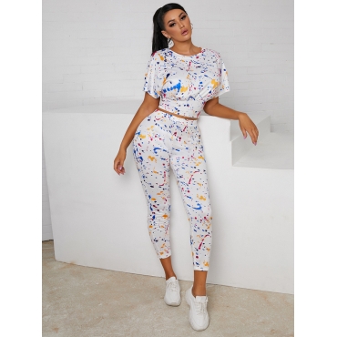 

LW Casual O Neck Graffiti Print White Two Piece Pants Set (No-positioning Printing)