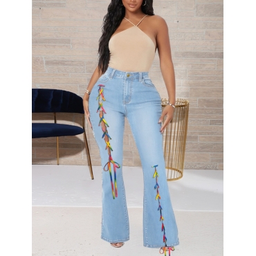 

LW Plus Size Mid Waist Flared Bandage Split Design Jeans, Baby blue