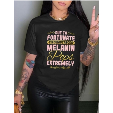 

LW Round Neck Letter Print T-shirt, Black