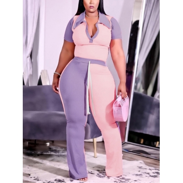 

LW Plus Size Color-lump Flared Two-piece Pants Set, Pink