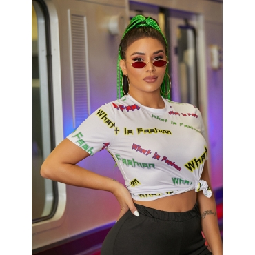 

LW Round Neck Letter Print T-shirt, White