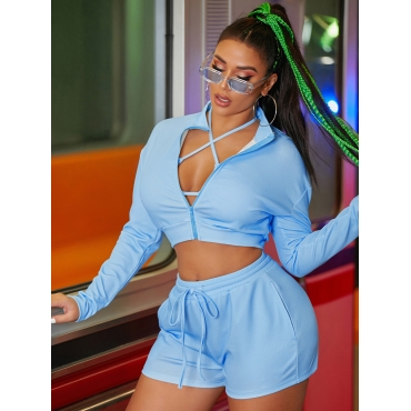 

LW Zipper Design Drawstring Three Piece Shorts Set (Without Waist Bag), Blue