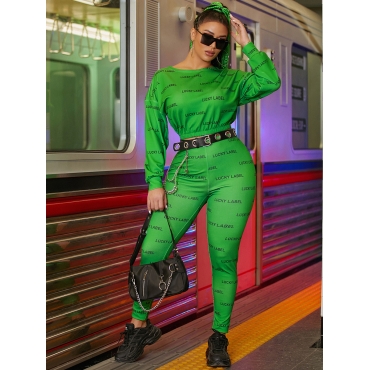 

LW Round Neck Letter Print Pants Set (Without Waist Belt), Green