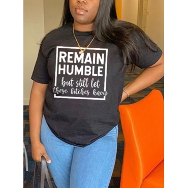 

LW Round Neck Letter Print T-shirt, Black