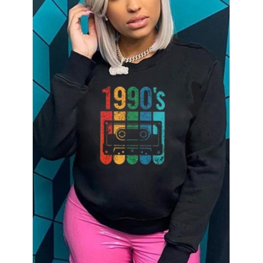 

LW BASICS Round Neck Letter Print Hoodie, Black