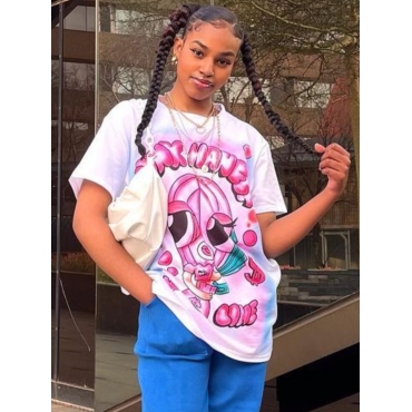 

LW Street Cartoon Letter Print White T-shirt
