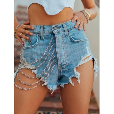 

LW Ripped Chain Decoration Denim Shorts, Baby blue