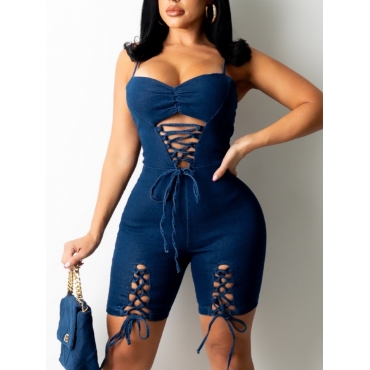 

LW Bandage Hollow-out Design Denim Jumpsuit, Blue