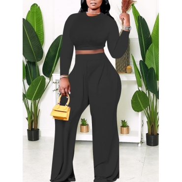 

LW BASICS Plus Size Wide Leg Crop Top Pants Set, Black