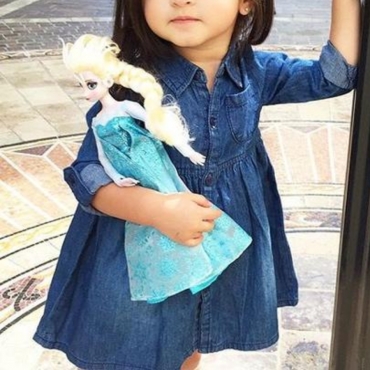 

LW COTTON Girl Button Ruffle Design A Line Dress, Dark blue