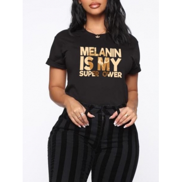 

Lovely Round Neck Letter Print T-shirt, Black